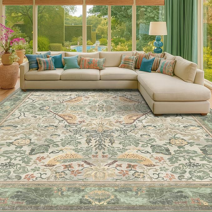 Floral Large Rugs for Living Room 10x14 - Sage Green Area Rug for Dining Room Under Kitchen Table, Large Bedroom, Playroom, Washable Folable Non Skid Low Pile Indoor Carpet