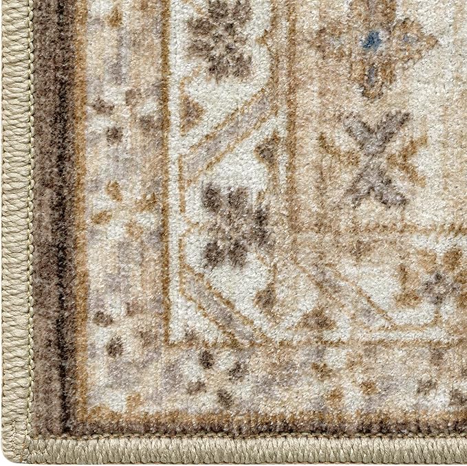 DEXI 5x8 Area Rug for Living Room, Washable Vintage Farmhouse Thin Rug Indoor Floor, Non Slip Stain Resistant Low Pile Carpet for Dining Room Bedroom Office, Light Brown