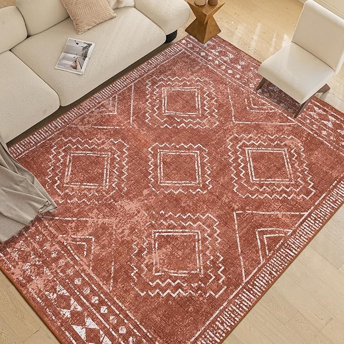 ILANGO Moroccan Area Rugs 8'x10' for Living Room Machine Washable Modern Rugs with Rubber Backing Non Slip Carpet for Dedroom Farmhouse Dining Room, Ultra-Thin, Foldable, Easy Clean