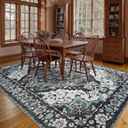 YJ.GWL Area Rugs for Living Room 9x12 Machine Washable Rugs, Non Slip Floral Vintage Rug Indoor Carpet, Stain Resistant Large Rug for Bedroom Dining Room, Black Grey Blue