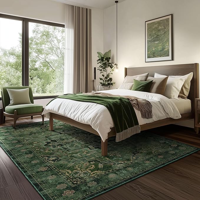 Dark Green 7x10 Living Room Rug, Vintafe Distressed Medallion Area Rug for Bedroom Dining Room, Washable Non Slip Thin Carpet Rugs for Bedroom Under Bed Home Office
