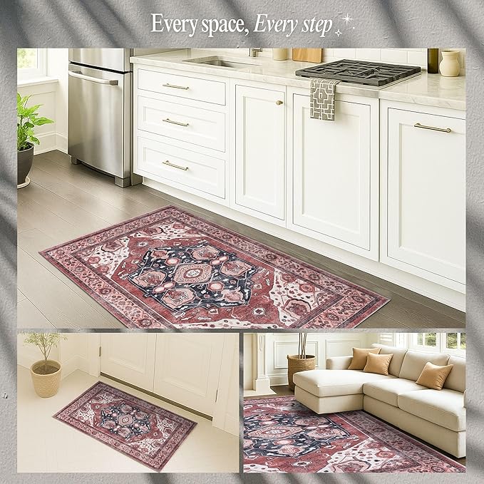 Fame Rugs Turkish Rug. Washable Vintage Oriental Antique Inspired Traditional Doormat Small Modern Area Rugs Luxury Entryway Entry Bedroom Bathroom Kitchen (404RR, 4'9 x 6'9)