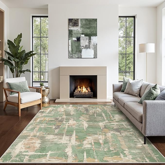 Washable Rug 8x10 Area Rug for Living Room Bedroom, Large Modern Abstract Rug Indoor Floor Carpets Low Pile No Shed Non-Slip with Rubber Backing Dining Room Kitchen Office (Green, 8'x10')