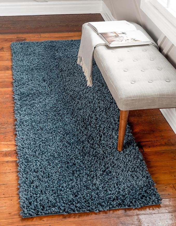 Unique Loom Davos Shag Collection Area Rug - Solid (2' x 8' Runner, Marine Blue)
