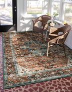 Moynesa Ultra-Thin Washable Vintage Area Rug - 5x7 Large Boho Non-Slip Rug for Bedroom Living Room Oriental Medallion Non-Shedding Print Floor Carpet for Dining Room Home, Brick Red/Dull Teal