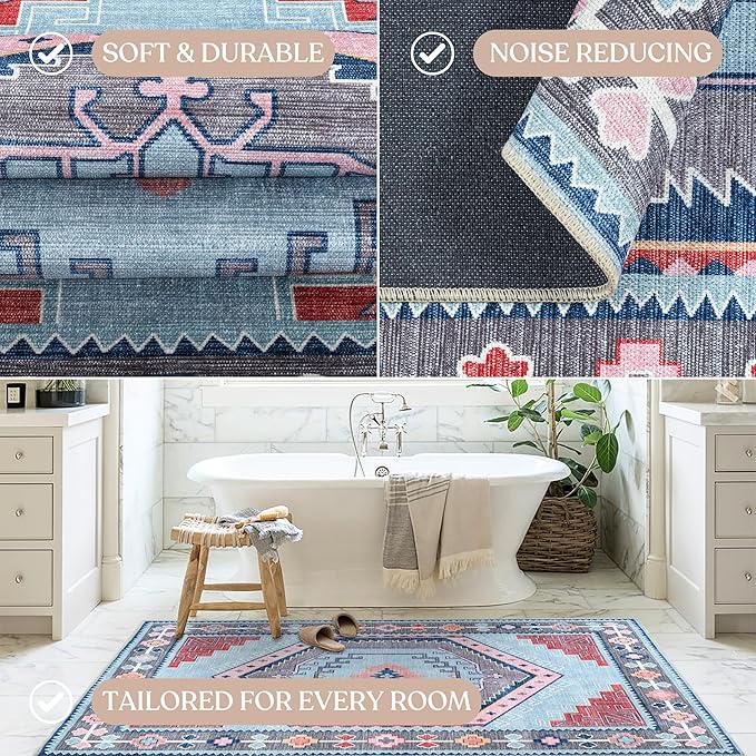 Fame Living Washable Area Rug. Modern Farmhouse. Vintage. Turkish. Bohemian. Distressed. Oriental. Traditional. Rugs for Living Room. Dining. Bedroom. Office. Entryway. Foyer. (856BlM, 5'9" x 8'9")