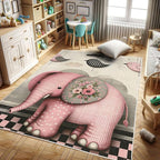 Ambesonne Elephant Decorative Rug, Modern Birds with Plaid Detail and Clouds Floral Ornate Olifant Print, Quality Carpet for Bedroom Dorm and Living Room, 2' x 5', Pastel Pink Grey Yellow