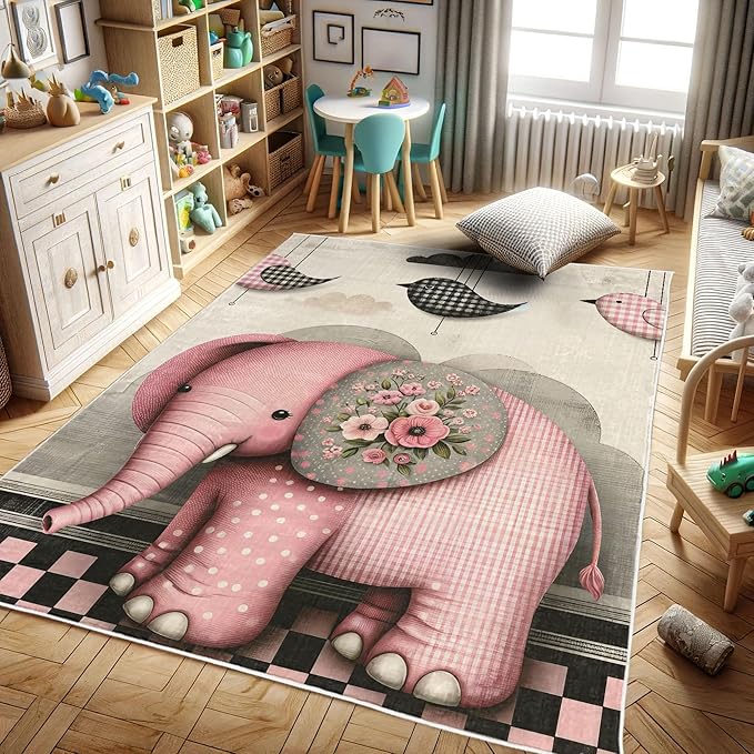 Ambesonne Elephant Decorative Rug, Modern Birds with Plaid Detail and Clouds Floral Ornate Olifant Print, Quality Carpet for Bedroom Dorm and Living Room, 2' x 5', Pastel Pink Grey Yellow