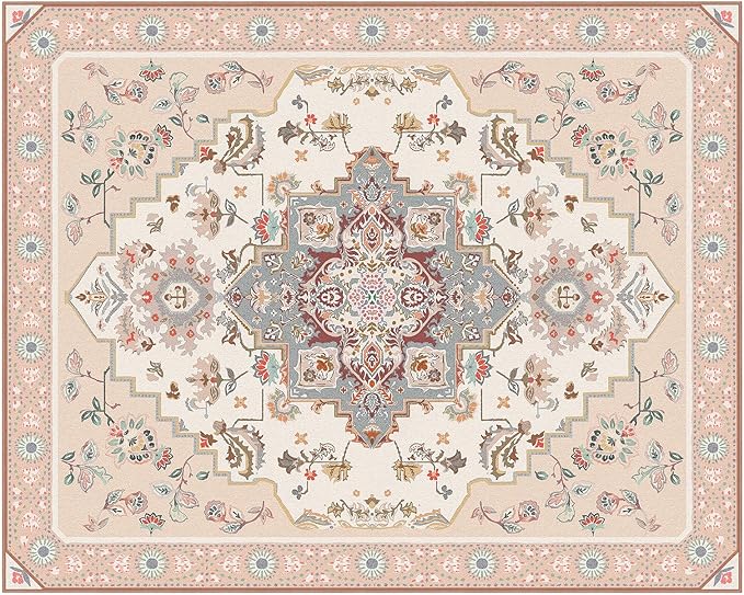 Phantoscope Washable Area Rug 8'x10' Non-Slip, Vintage Boho Rugs for Living Room, Bedroom, Dining Room, Persian Floral Medallion Pattern, Low-Pile Foldable Floor Carpet, Ivory Rose/Fall Bloom