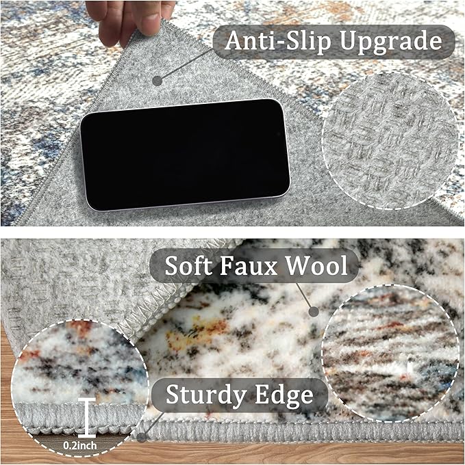 3x5 Machine Washable Area Rug for Entryway, Multicolor Modern Vintage Abstract Rug Non-Slip Low Pile Soft Faux Wool Small Carpet, Kids and Pets Friendly for Bedroom Kitchen Hallway Home Decor Rug