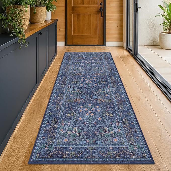 Non Slip 2x10 Dark Blue Hallway Runner - 10ft Long Runner Rugs, Washable Kitchen Floor Mat - Vintage Navy Floral Design Décor