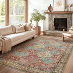 Bavni 6x9 Area Rugs for Living Room, Machine Washable Rug Non Slip, Vintage Chenille Distressed Print Carpet, Large Low Pile Ultra-Thin Lightweight Rugs for Bedroom, Dining Room, Office, Blue/Tan/Red