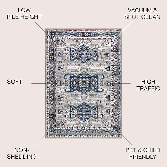 JONATHAN Y Modern Vintage Medallion Blue/Light Grey Indoor Area Rug, 8x10, Country, Floral, Easy-Cleaning for Living Room, Bedroom, Kitchen, Pet Friendly, Non-Shedding (MDP108A-8)