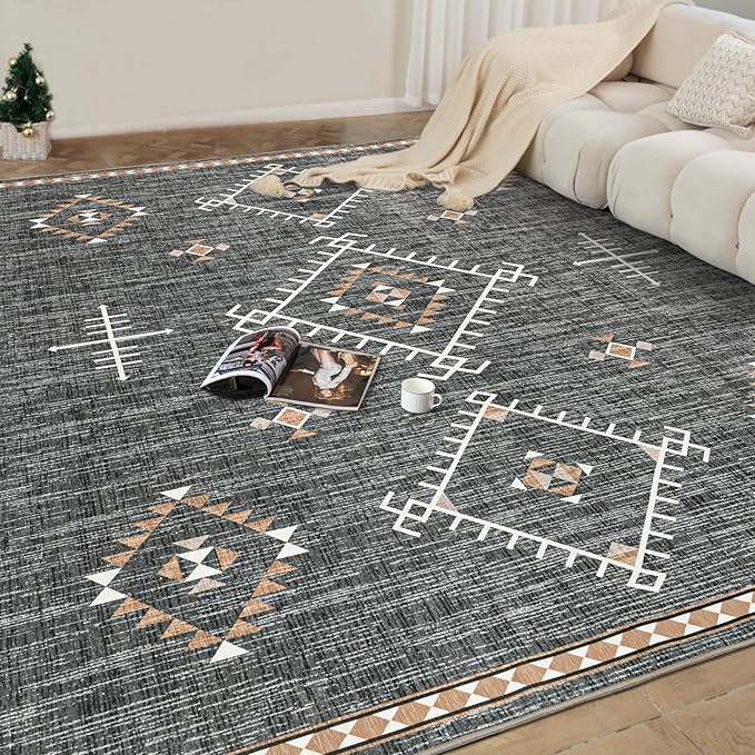 ILANGO Area Rug 8'x10' for Living Room Bedroom Washable Moroccan Boho Rugs for High Traffic Area Non Slip & Non-Shedding Rugs Fade Resistant Carpet for Kitchen Office (Dark Grey)