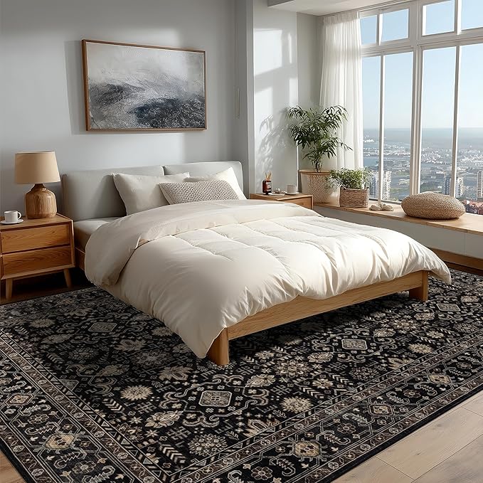 Area Rug Non Slip Machine Washable Ultra Soft Living Room/Bedroom/Kitchen/Outdoor/Classroom Black Gold, 8'×10'