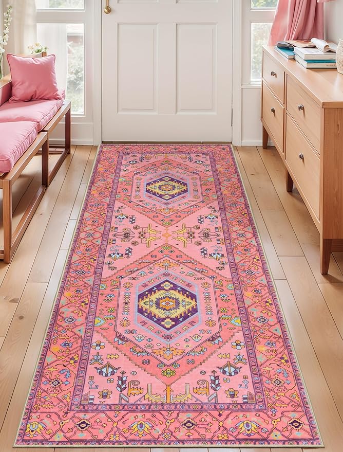 SERISSA Washable Kitchen Runner Rug, 2x5 Non-Slip Fuchsia Pink Runner Rugs for Hallway, Ultra Soft Cute Boho Aesthetic Low-Pile Floor Carpet for Bedroom Bathroom Laundry Living Room