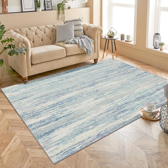 MUJOO Washable Rug 4x6.5,Small Area Rugs for Bedroom Living Room Office Playroom,Modern Abstract Non Slip Carpet,Indoor Throw Carpet,Low Pile Accent Neutral Blue