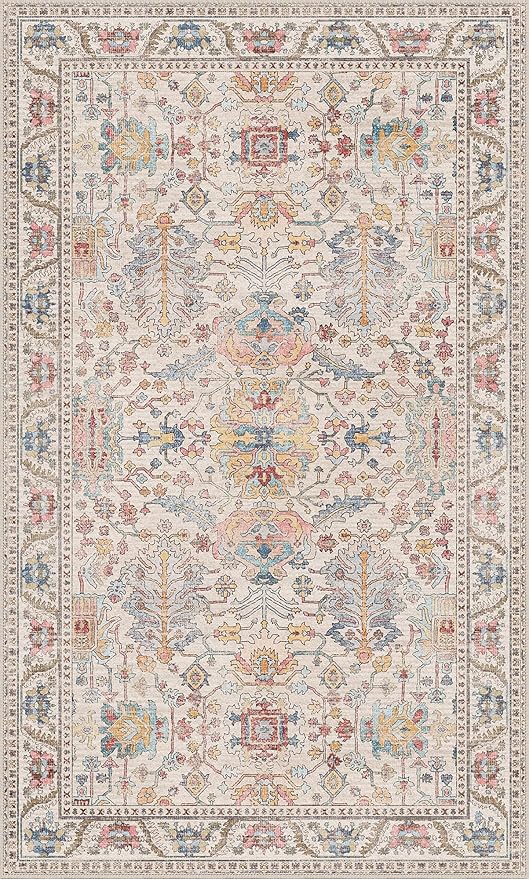 Bavni Area Rug 3x5, Non-Slip Washable Rugs for Living Room Office, Boho Distressed Printed Rug, Low Pile Foldable Decorative Carpet for Bedroom Kitchen Office, Retro Multi