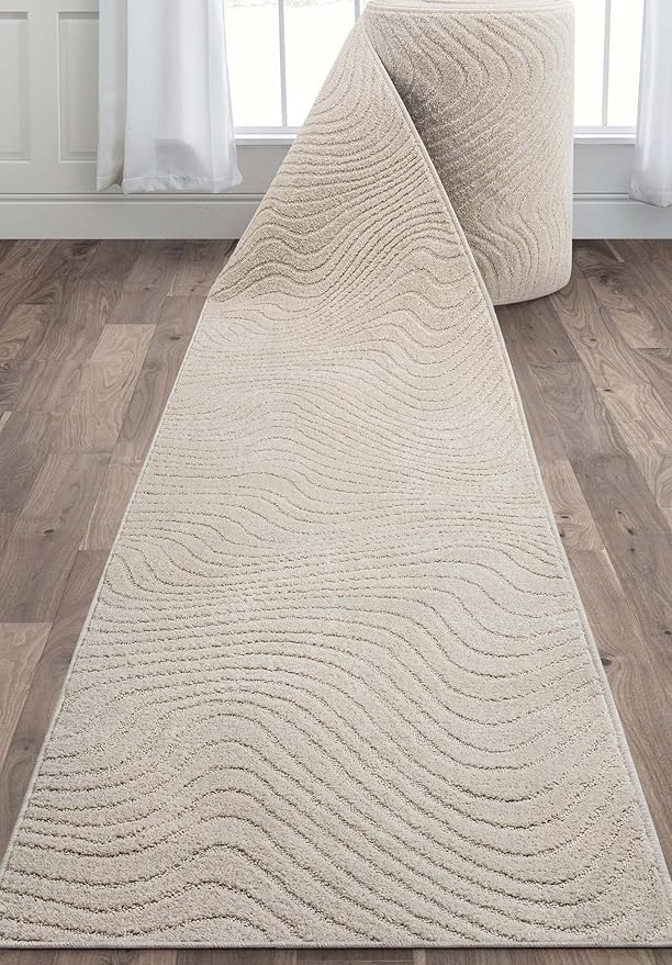 Well Woven Custom Size Hallway Stair Runner - Choose Your Length - 27 Inches Wide x 16 Feet Long Runner (27" x 16' Runner) Rug - Ivory Sibi Soft Touch, Modern Abstract - Hi-Lo Pile