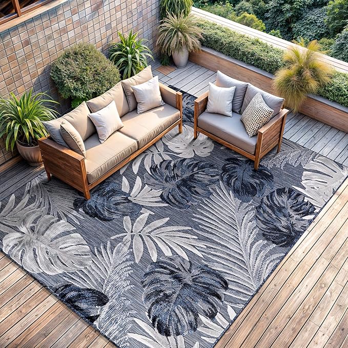 CAMILSON Indoor Outdoor Rug, Navy 10’x14’ Leaf Tropical Botanical Area Rugs for Indoor and Outdoor patios, Easy-Cleaning Non-Shedding Living Room, Garden and Kitchen Washable Outside Carpet (10x14)