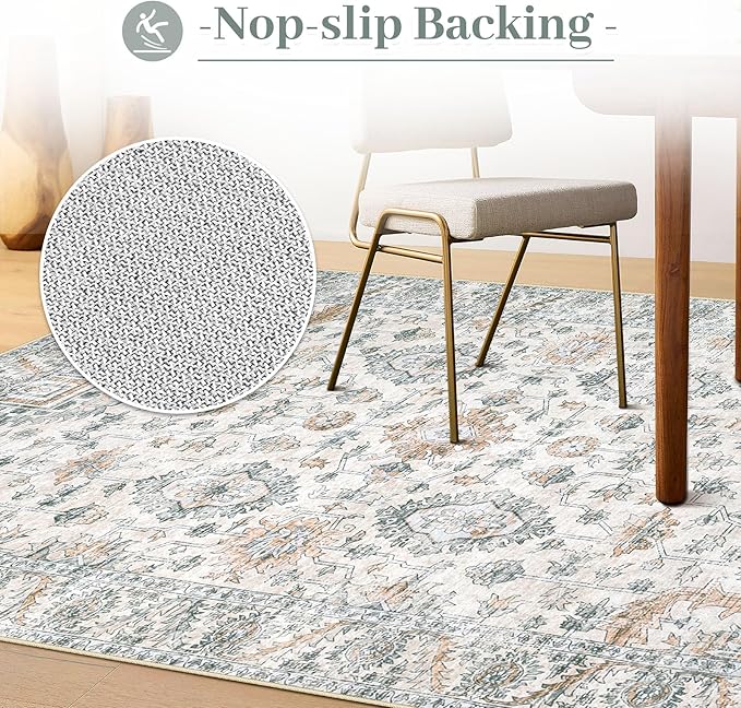Area Rug 6x9 Living Room Rug, Machine Washable Vintage Distressed Boho Area Rug Non-Slip Soft Low Pile Large Indoor Rugs for Bedroom Kitchen Dining Room Office(Brown Green,6'x9')