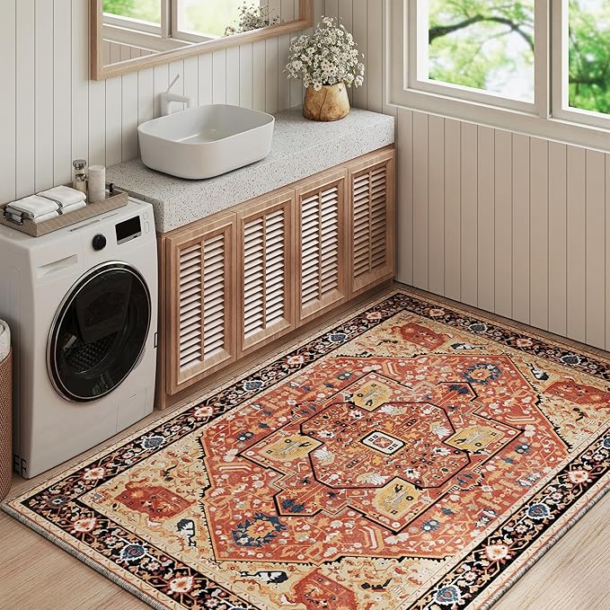 EnHomee 4x6 Washable Area Rugs for Bedroom, Boho Vintage Rugs, Foldable Area Rug for Dining Room, Non-Slip Soft Living Room Rug, Low Pile Large Carpet for Bathroom, Red