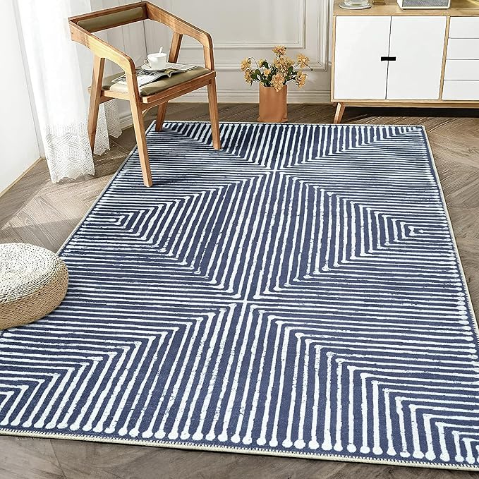 Bloom Rugs Washable Non-Slip 3' x 5' Rug - Blue Striped Area Rug for Living Room, Bedroom, Dining Room, and Kitchen - Exact Size: 3' x 5'