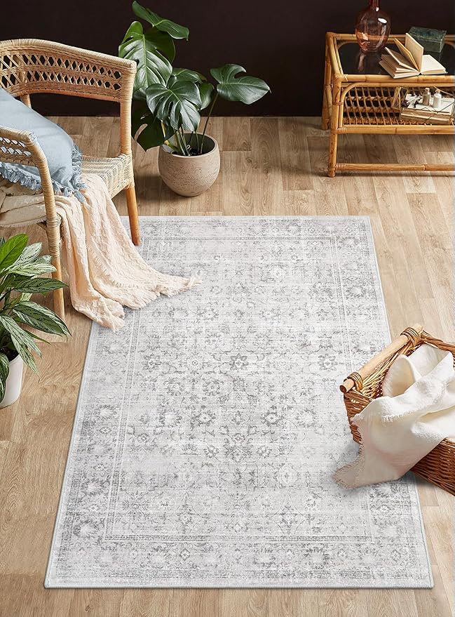 LIVEBOX Washable Rug 3x5 Bohemian Area Rug for Kitchen Bedroom, Non-Slip Gray Front Door Mat for Entryway, Antique Collection Area Rugs for Living Room Laundry Foyer Camper RV