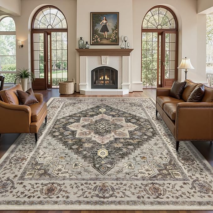 Tangsoo 9x12 Vintage Area Rugs for Living Room, Washable Indoor Non Slip Large Area Rugs, Print Distressed Grey Carpet, Soft Low Pile Rug Foldable Floor Rug for Bedroom Dining Room Dorm
