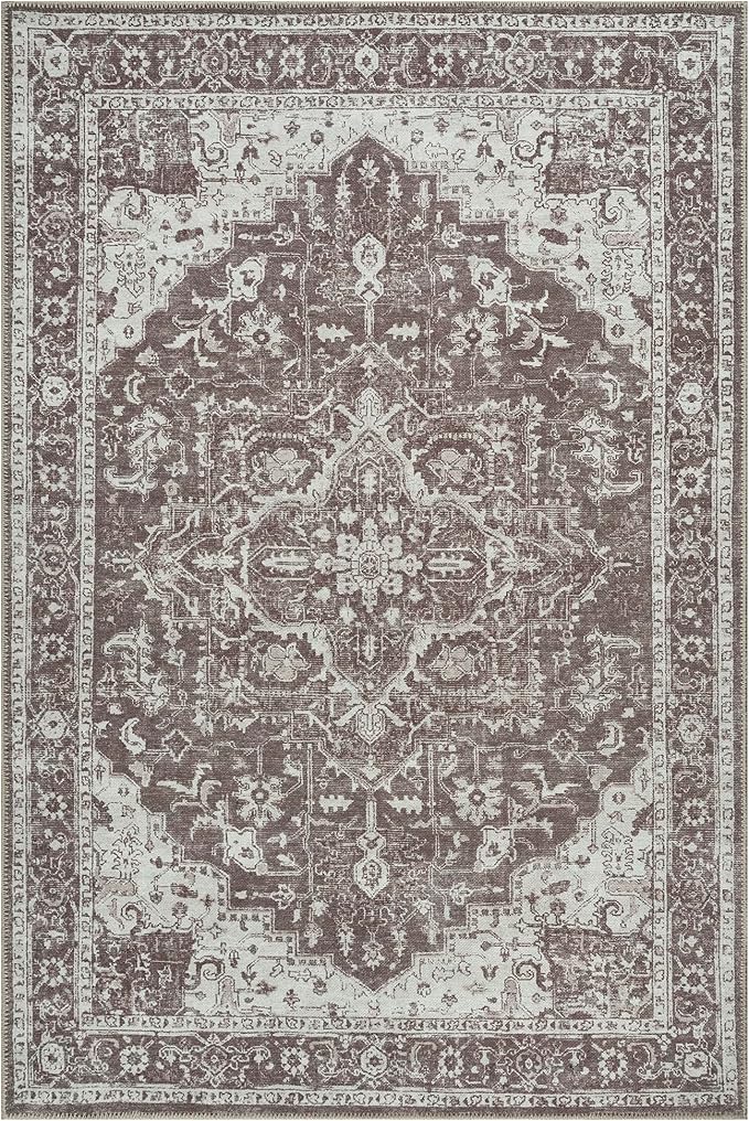 Bloom Rugs Washable Non-Slip 4' x 6' Rug - Dark Brown Traditional Medallion Area Rug for Living Room, Bedroom, Dining Room, and Kitchen - Exact Size: 4' x 6'