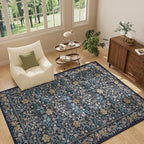 DUKINO 5x7 Area Rugs, Floral Washable Rugs for Bedroom with Non Slip Backing, Vintage Low Pile Indoor Floor Carpets for Bedroom, Living Room, Farmhouse, Home Office, Dining Room, Dark Blue