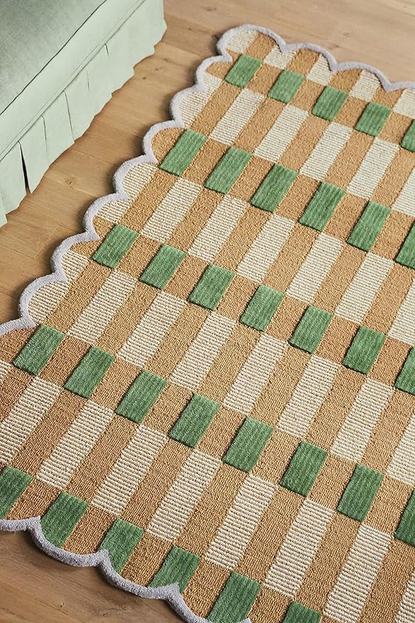 Hand-Tufted Wool Area Rug with Scalloped Edges, Beige and Green Plaid Pattern, Cozy and Soft Accent Rug for Living Room, Bedroom, and Nursery, Handmade Decorative Rug, 9x9 Ft (Round)