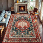 YJ.GWL Area Rugs for Living Room 10x14 Machine Washable Rugs, Non Slip Floral Vintage Rug Indoor Carpet, Stain Resistant Large Rug for Bedroom Dining Room, Orange-Red