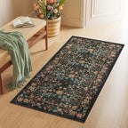 DUKINO 2x4 Rug for Entryway, Lightweight Washable Runner Rug with Non Slip Backing, Vintage Floral Low Pile Small Carpet Runner for Kitchen, Hallway, Entryway, Bathroom, Bedroom, Black