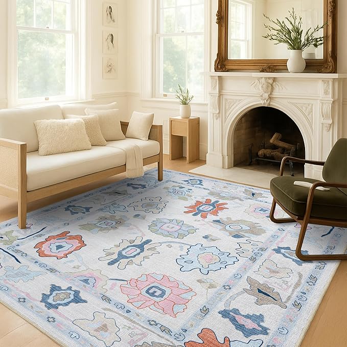 Fame Living Cream Oushak Rug, Modern, Vintage, Turkish, Eclectic, Floral, Pastel, Washable, Area Rugs for Living Room, Dining, Bedroom, Nursery, Girls, Boys, 5'9"x8'9"