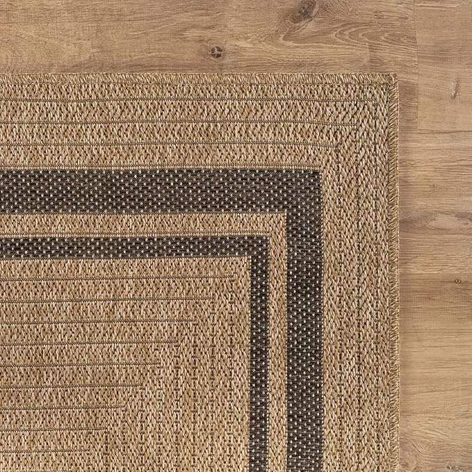 Beverly Rug Easy Jute Bordered Runner Rug 2x7 Washable Durable Indoor Outdoor Area Rugs for Living Dining Room Patio Office Stain Resistant Non Shedding Casual Indoor Outside Carpet 2 x 7 Natural