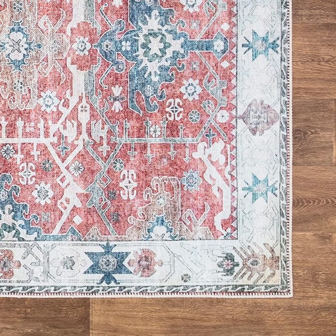 Bloom Rugs Washable Non-Slip 10 ft Runner - Red/Blue Traditional Runner for Entryway, Hallway, Bathroom, and Kitchen - Exact Size: 2.5' x 10'