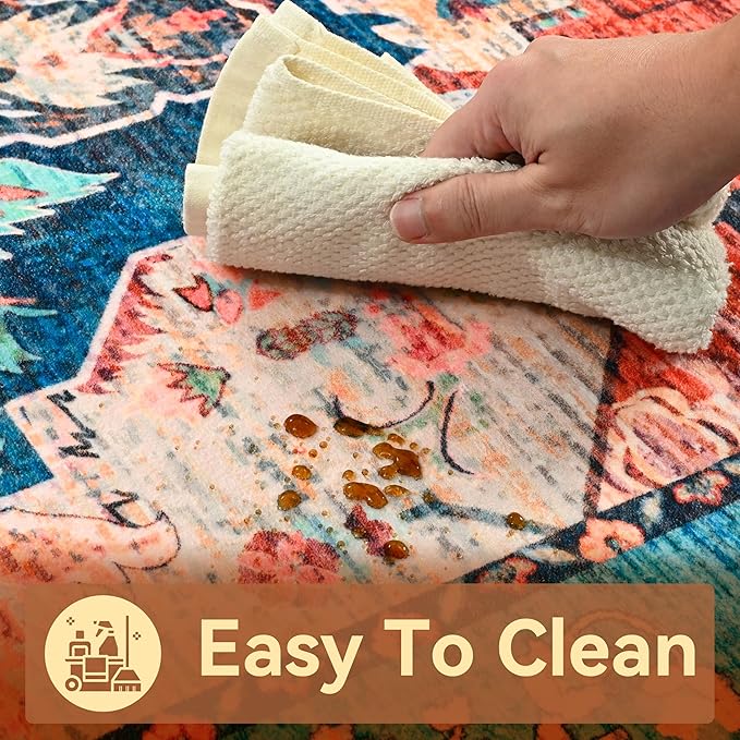 YJ.GWL Area Rugs for Living Room 4x6 Machine Washable Rugs for Bedroom, Non Slip Floral Vintage Rug Indoor Carpet, Stain Resistant Throw Rug for Dining Room Kitchen, Red Blue Gradient Color