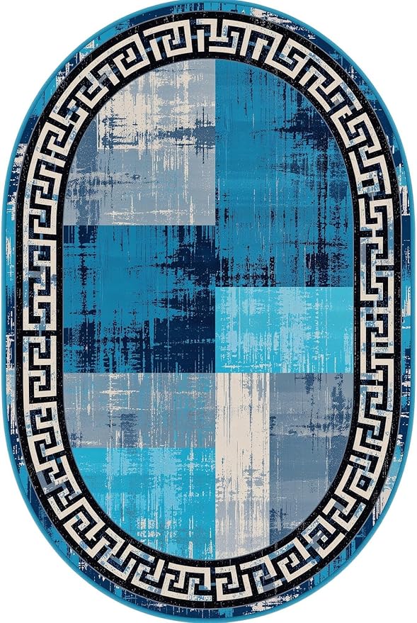 Blue Grey Black Greek Key Pattern Bordered Design Large Carpet for Living Room Bedroom Dining Room Soft Non Slip Low Pile Area Rug 4x6 Farmhouse Doormats Vintage Distressed Home Office Oval Rugs