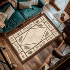Country Cottage Deer Area Rugs 3x5ft Animal Plant Pine Cone Leaves Branches Patchwork Pattern Featured Indoor Floor Rugs, Vintage Style Non-Slip Non-Shedding Rugs for Farmhouse Office Living Room