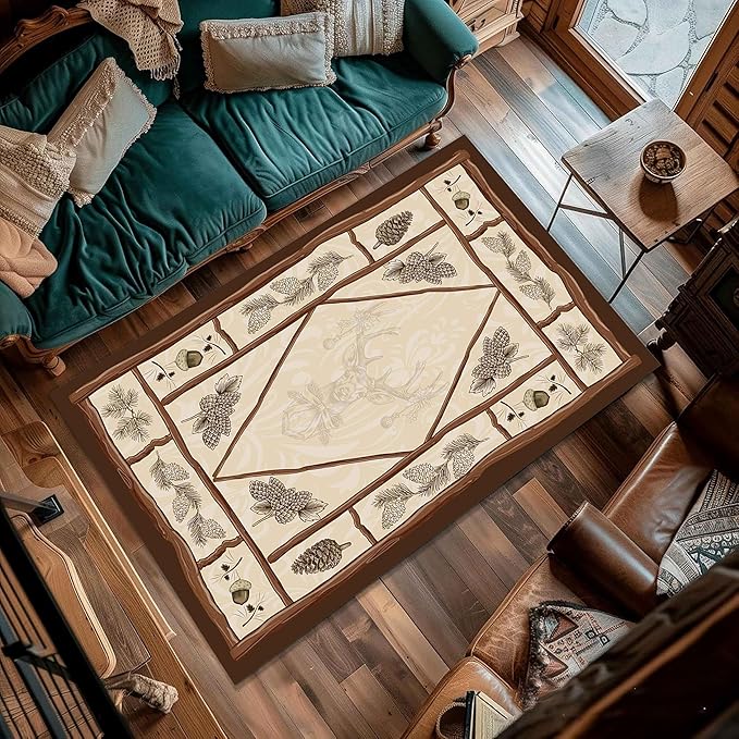 Country Cottage Deer Area Rugs 5x8ft Animal Plant Pine Cone Leaves Branches Patchwork Pattern Featured Indoor Floor Rugs, Vintage Style Non-Slip Non-Shedding Rugs for Farmhouse Office Living Room