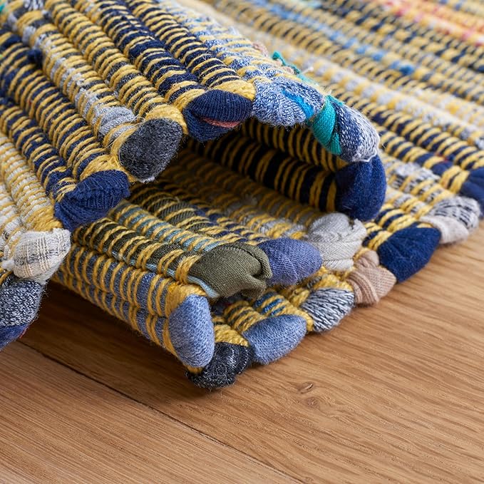 SAFAVIEH Rag Rug Collection Area Rug - 6' Square, Yellow & Multi, Handmade Boho Stripe Cotton, Ideal for High Traffic Areas in Living Room, Bedroom (RAR121H)