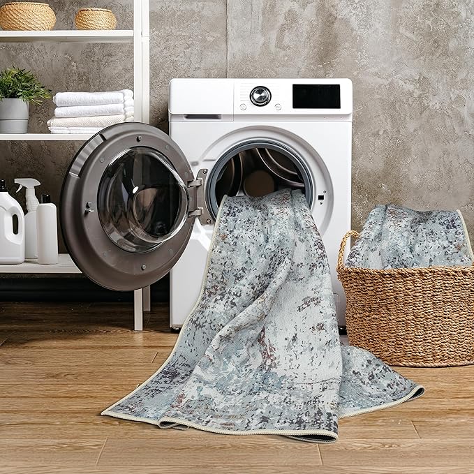 GLN Rugs Contemporary Collection - Machine Washable Area Rug, Contemporary Washable, Non Slip, Low Pile Chenille Rug, Living Room, Bedroom, Kitchen Rug (2'6" x 7' White/Grey/Blue/Brown)