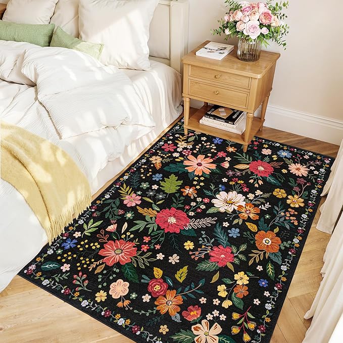 3x5 Area Rug, Floral Black Washable Rug for Entryway, Non Slip Flower Area Rugs, Soft Low Pile Indoor Doormat Small Carpet, Rugs for Living Room Bathroom Bedroom Nursery Kitchen Dining Room