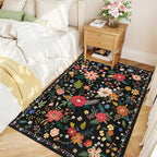 3x5 Area Rug, Floral Black Washable Rug for Entryway, Non Slip Flower Area Rugs, Soft Low Pile Indoor Doormat Small Carpet, Rugs for Living Room Bathroom Bedroom Nursery Kitchen Dining Room
