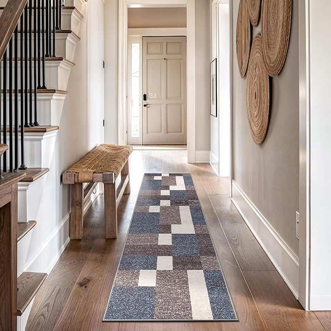 Rugshop Modern Boxes Design Non-Slip (Non-Skid) Carpet for Hallway,Entryway,Kitchen Runner Rug 2'7" x 8' Blue