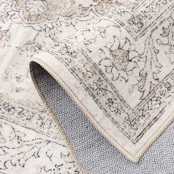 Beige Runner Rug 2x8 Washable Vintage Long Carpet for Hallway Kitchen Soft Retro Low Pile Thin Indoor Runner Non Slip Oriental Medallion Throw Rug for Bathroom Bedroom Laundry Dining Room
