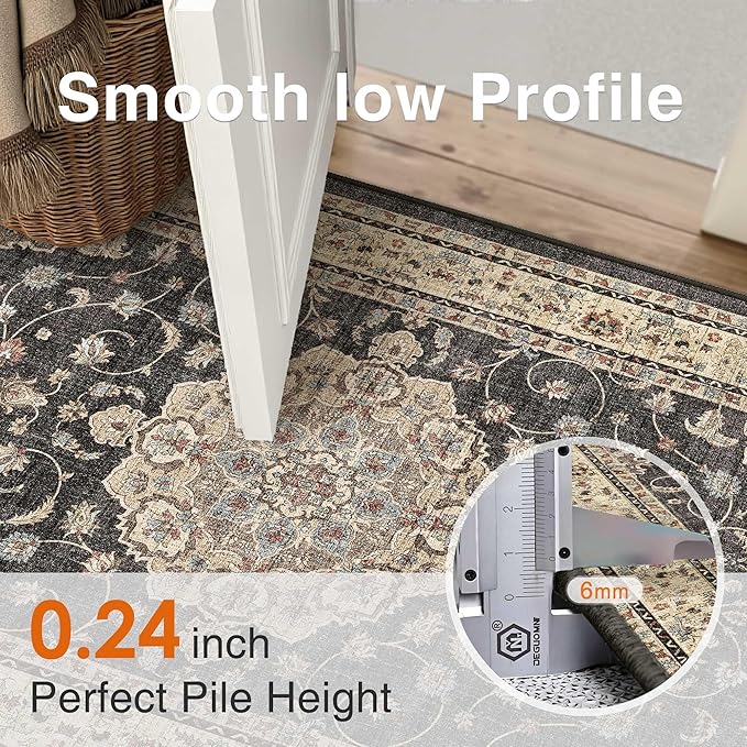 HUGEAR Entryway Machine Washable Area Rugs 2x3 Vintage Black Small Neutral Style Non Slip Stain Resistant Low Pile Throw Carpet for Hallway Kitchen Retro Aesthetic Modern Decor