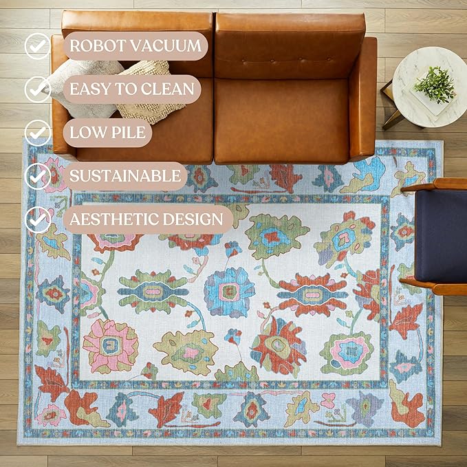 Fame Living Colorful Oushak Rug, Modern, Vintage, Turkish, Eclectic, Floral, Pastel, Washable, Extra Large Area Rugs for Living Room, Dining, Bedroom, Lounge, 9'x12'
