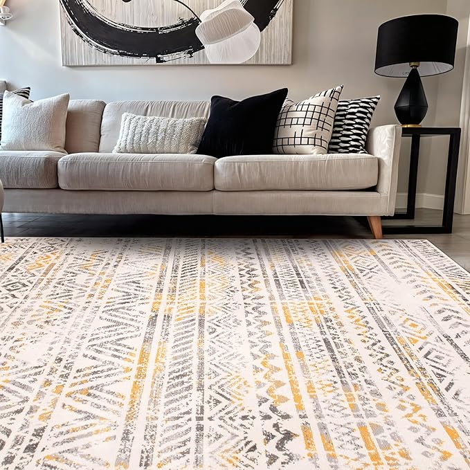 Rugshop Geometric Boho Area Rug – Warm Yellow Tribal Pattern, Perfect for Living Room, Bedroom, Dining Room, 5x7